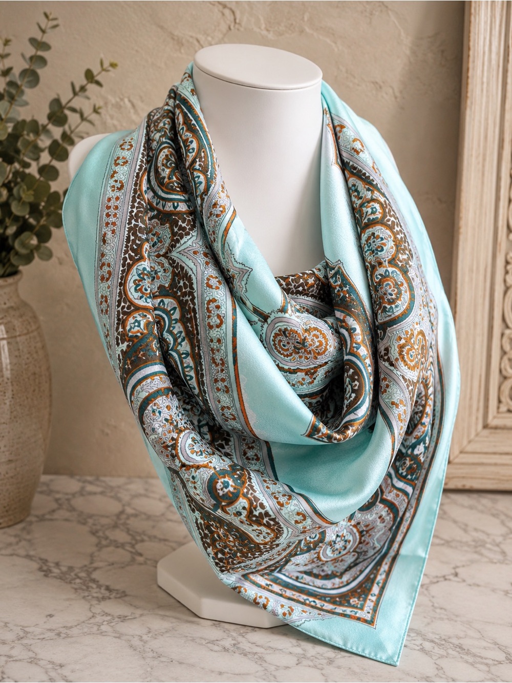 Forever 21 Aqua and Brown Paisley Silk-Feel Square Scarf (BN)